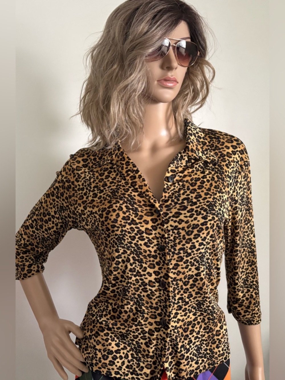 PS Per Seption Vintage 90’s Leopard Print Button-Front Blouse Tan & Black Size M